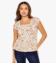 Apricot Off White Ditsy Floral Shirred Frill Top